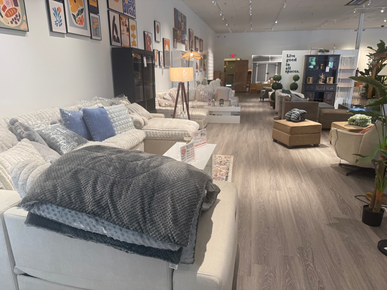 Eminent Home Living showroom with coordinated furniture, textiles, lighting, and wall art